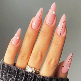 24Pcs Long Stiletto Valentines Press on Nails Matte Gold Curve Line False Nails White Love Heart Stick on Nails Love Heart Acrylic Fake Nail Romantic Gift Gel Glue on Nails for Coquette Women Girls