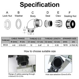 LeMotech M12 Cable Gland, 90 Degree Adjustable 4-8mm Strain Relief, Cord Connectors Nylon Joints with Gaskets, 6 Pcs, Black