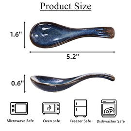Cididu Set of 8 Asian Soup Spoon Ceramic, Blue Chinese Soup Spoons with Non-Slip Bottom, Retro Porcelain Japanese Pho Spoons for Ramen, Wonton, Noodle, Miso, Dumpling, Dishwasher Safe, 5.2" L