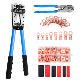 HKS Battery Cable Lug Crimping Tool 10-1 AWG with Cutter, 60Pcs Copper Ring Terminals & 60Pcs 3:1 Heat Shrink Tubing, Heavy Duty Wire Crimper Set for Battery Cables