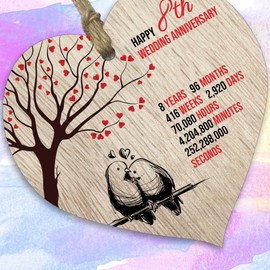 8th Wedding Anniversary Wooden Heart Plaque, Light Wood Sign Keepsake, Celebrate Bronze/Pottery Anniversary Wife Husband Boyfriend Girlfriend, Plaque with Quotes Gifts from the Kids