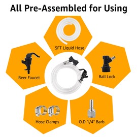 Dbgogo 5FT Ball Lock Beer Line Assembly - 3/16" Liquid Line with Picnic Tap Faucet & Quick Disconnect PVC Tubing Ball Lock Picnic Tap for Corny Keg Ball Lock Keg Beer Dispenser Soda Dispensing