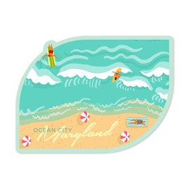 Die Cut Sticker Ocean City, Maryland, Aerial Beach Scene, Vinyl Sticker 3 to 6 inches, (Waterproof Decal for Cars, Water Bottles, Laptops, Coolers), Large