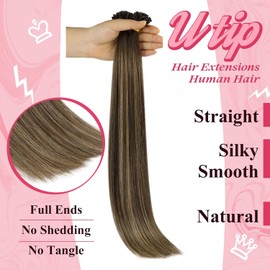 Sunny Keratin Hair Extensions Brown Balayage U Tip Hair Extensions Human Hair Medium Brown Balayage Caramel Blonde with Highlight Utips Human Hair Extensions Pre Bonded Hair Extensions 18inch 50G