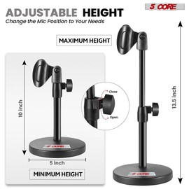 5Core 3n1 Mic Stand Desk Adjustable Table Microphone Stands w Phone Holder Mic Clip Durable Metal
