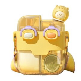 Kawaii Water Bottle Fashion Plastic Double Drinking Water Bottle with Straw Adjustable Strap for Outdoor Sports Travel Vitality Yellow 530ml