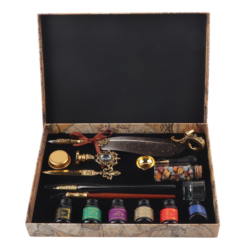 Feather Pen Set European Style British Retro Lacquer Stamp Dipped