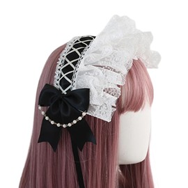 [PrimeBlis] Lolita Ribbon Bowknot Cute Charm Lolita Headdress Lolita Hair Ornament Headband Lace Bowknot Cute Cosplay Lolita Maid Cafe (Black, F)