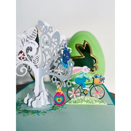Happy Easter Bunny Bicycle Pop Up 3D card. Special Occasion Easter Celebration, a delightful surprise Easter greeting card for Kids,Children,Family and Friends. 15cmx15cm (Easter Bunny Bike)