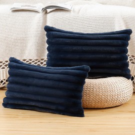 Madizz Set of 2 Faux Fur Plush Decorative Cushion Covers, Fluffy, Striped, Soft, Decorative Cushion Cover for Sofa, Bedroom, Cushion, Dark Blue, 30 x 50 cm