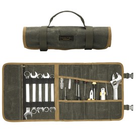 Tool Roll | Heavy Duty 16OZ Waxed Canvas Tool Storage Bag with Tool Slots & Fixed Elastic Band (Army Green) Canvas Tool Pouch - Portable Handle + Adjustable Buckles | 24.5"L x 11.5"W
