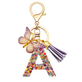TTYY Initial Letter Keychain for Women Gift for Young Teenage Girl Gifts for Christmas to Mom Daughter Purple tassel (purple snow LetterA)