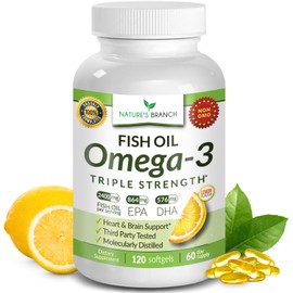 Best Triple Strength Omega 3 Fish Oil Pills 2400mg | 120 Capsules | Burpless High Potency Lemon Flavor | 864mg EPA 576mg DHA Ultra Pure Liquid Softgels | Brain Joints Eyes Hair Heart Health Supplement
