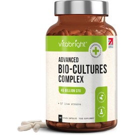 VitaBright Bio Cultures Complex Probiotics for Women & Men | 45 Billion CFU | 17 Strains | 60 Probiotic Capsules with Prebiotics | with Lactobacillus Reuteri Acidophilus Probiotic Bacterial Cultures