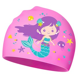 Badehaube Kinder, Silikon-Badekappe für Kinder – Badekappe mädchen,für Kinder Zum Schwimmtraining,zum Schutz der Haare und zur Verringerung des Wasserwiderstands – Design Meerjungfrau rosa (1 Stück)