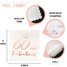 60 and Fabulous Cocktail Napkins Rose Gold - 60th Birthday Decorations for Women, Folded 5x5 Inches Disposable Party Napkins 3-Ply Paper Beverage Napkins, 60th Birthday Napkins, Wedding Anniversary