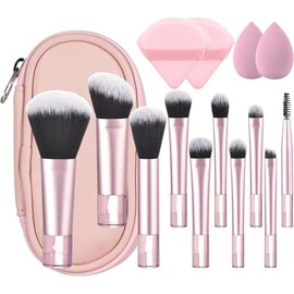 15 Piezas Brochas para Maquillaje con 10 Brochas, 2 Esponjas, 2 Borlas para Polvos y Bolsa, Set de Brochas para Maquillaje Multiusos es Ideal Tanto para Viajar Como para el Uso Diario (Rosa)