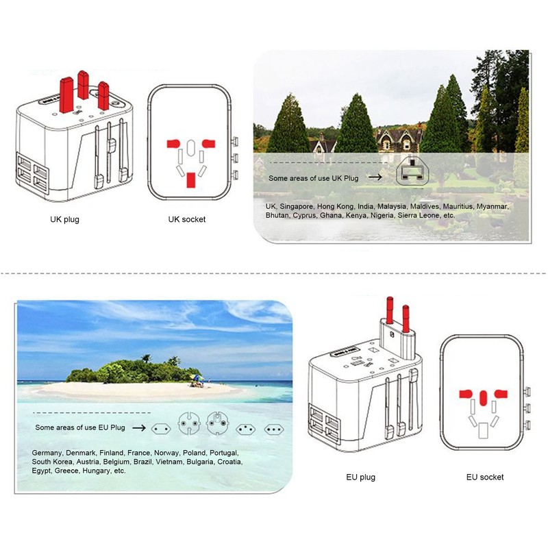 International Power Adapter Travel Plug with 4 USB Ports for