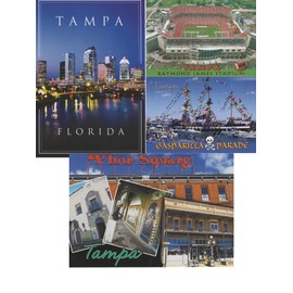 Tampa, Florida Postcard Pack of 4 Postcards Featuring Some of Tampa's Most Beloved Attractions and Locations Including Ybor Square in Ybor City, Tampa's Skyline at Night, the Gasparilla Parade, and