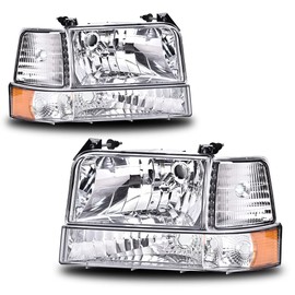PIT66 Headlights w/Corner Signal Bumper Lamps, Compatible with 1992-1996 Ford F150 F250 F350 Bronco Clear lens Chrome Housing Amber Reflector