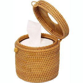 Enfudid Round Rattan Tissue Box Toilet Paper Cover, Wicker Toilet Paper Holder, Single Roll Cover Protector Circle Container Dispenser with Lid for BathroomVanity/Office/Toilet