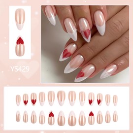 Valentine's Press on Nails Medium Red Love Heart Design Full Cover Glossy Fake Nails White French Tip Press on Nails Almond Shaped Artificial Acrylic Nails Full Cover Stick on Nails for Women
