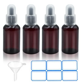 AskBed 4 Pack 2 Oz (50ml) Amber Plastic Essential Dropper Bottles with Funnel, Labels for Liquid Storage