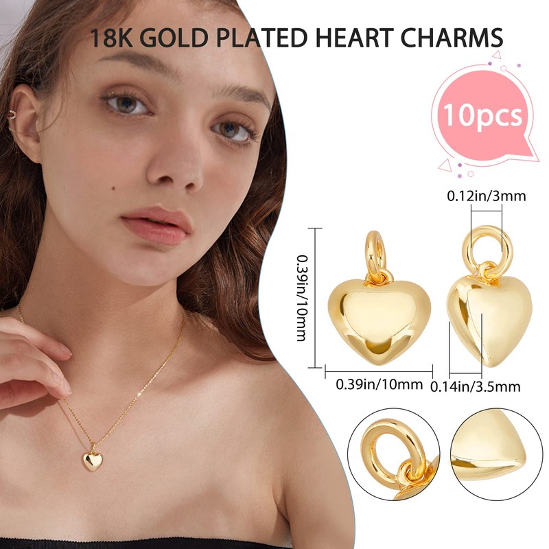 Beebeecraft 10pcs/box 18k gold plated heart charms, Plastic Brass