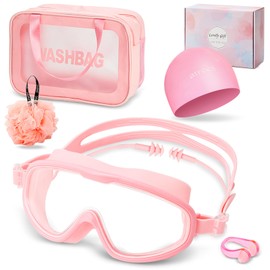 Swimming Goggles Set 5 in 1, Swim Goggles Case with Swimming Goggles, Swimming Cap, Nose Clip, Dry & Wet Separation Handbag and Bath Sponge for Men and Women, Best Summer Swimming Gift (Pink)
