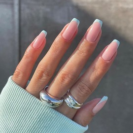 24PCS Square French Faux Nail Glossy Medium Length Press Nail Full Cover Nail Tips for Women and Daily Decoration (Green)