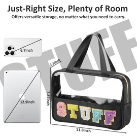 BuyCard Aesthetic Preppy Stuff Bags for Travel, Stuff Clear Zipper Pouch with Chenille Letter, Nylon & PVC Waterproof Large Stuff Pouch with Handle for Toiletry Makeup, Cosmetic Bag for Women & Girl