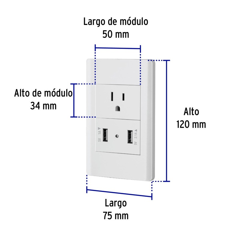 Volteck COUSB-LB, Placa armada blanca 1 contacto y 2 puertos