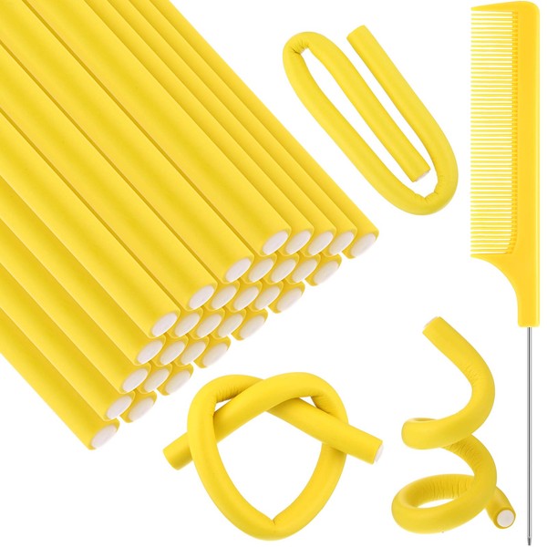30 Pieces Flexible Curling Rods Twist Foam Hair Rollers Soft Foam No Heat Hair Rods Rollers and 1 Steel Pintail Comb Rat Tail Comb for Women Girls Long and Short Hair (Yellow, 9.45 x 0.39 Inch)