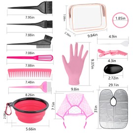 32 Pcs Hair Dye Coloring Kit,Hair Dye Tools for DIY Salon.Hair Dye Brush and Bowl Set/Highlighting Frosting Cap with Plastic Hooks/Dye Brush/Ear Cover/Gloves/Comb/Hairpin/Hair Coloring Cape(Pink)