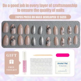 Christmas Press on Nails Winter Almond Medium Christmas Fake Nails Christmas Glue on Nails Xmas Snowflake Frost Oval Acrylic Nails Press ons, Christmas False Nails for Women and Girls - 24 PCS