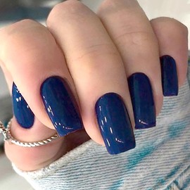 CHAONENG 24pcs Blue Shiny Glossy Coffin Fake Nails Reusable Nail Kit with Glue, Tabs, File & Press Ons (12 Sizes)