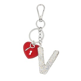 Winssigma Initial Letter Keychain, Sparkly Rhinestones Backpack Car Keychain with Cute Heart Shape Pendant(Letter V)