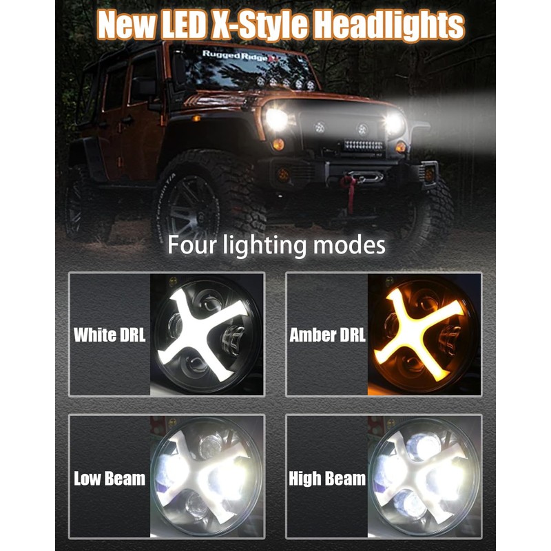 HENGTUAUTO 7inch Round X-Style Headlights White DRL Amber Turn Signal