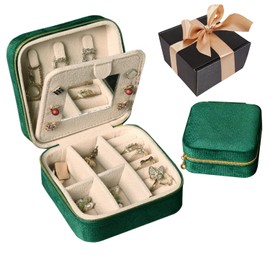 DMDFAN Gifts for Woman Velvet Travel Jewelry Box with Mirror, Small Travel Jewelry Case Travel Jewelry Organizer (Emerald Green)