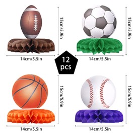 12pcs Sports Honeycomb Centerpieces, Soccer Basketball Baseball Football Centerpieces Mixd Table Decorations for Boys Game Day Themed Birthday Parties Sports Events Gameday Party Decor Celebration