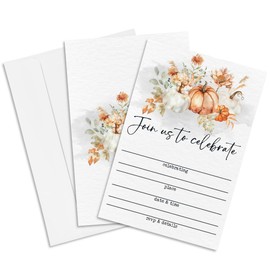 Fall Birthday Party Invitation - Set Of 20 Watercolor Pumpkin Invite Cards With Envelopes - Autumn Birthday Invitation Cards For Boys Girls - Thanksgiving Birthday Parties Supplies Decorations - A01