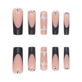 Black French Fake Nails Square Press on Nails 3D Butterfly Design Nails Press ons Full Cover Gradient False Nails for Women Girls Reusable Acrylic Fake Nails Black Glitter Stick on Nails 24Pcs