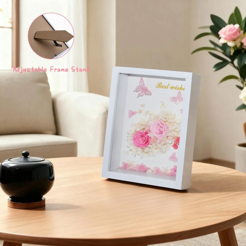 6.5”x8.5” Preserved Flowers Pink Rose Hydrangea Flower Frame with Butterfly