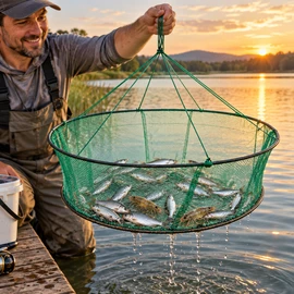 New Foldable Fishing Net 80/100cm, Hand Cast Fishing Cage with Loose-Mouth Nylon Mesh for Fish, Shrimp, Crab, Minnows and Lobsters