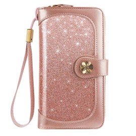 Coco Rossi Wallets for Women Multi Card Holder Wallet Clutch Wallet Card Holder Organizer Ladies Purse with Wrist strap Purse, Rose Gold Glitter, long purse, Rose Gold Glitter Wallet