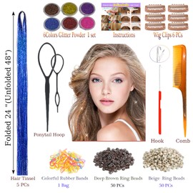 CelineBella Blue Hair Tinsel Tool Kit Fairy Hair Tinsel Extensions Heat Resistant Sparkling Shiny Highlights Glitter Tinsel Hair for Women Girls Kids (48 Inch Pack of 5Pcs, Sapphire Blue)