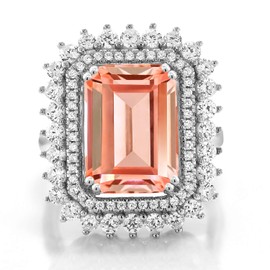 Gem Stone King 6.90 Cttw Peach Nano Morganite Women Ring | 925 Sterling Silver | Emerald Cut 14X10MM | Available In Size 5, 6, 7, 8, 9