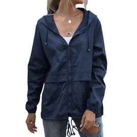 Muzeca Women's Waterproof Raincoat Lightweight Rain Jacket Hooded Windbreaker with Pockets for Outdoor Climb Hiking Fish Navy Blue Medium