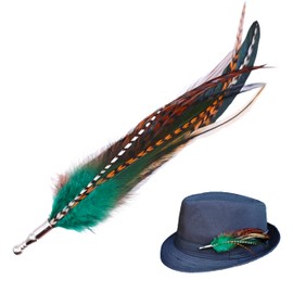 Handgefertigte Hutfeder zum Anstecken – Federbrosche für Hüte – Echter Feder Pin Anstecker – Hutschmuck Accessoire – Boho Federn mit Anstecknadel, Grün Braun 14-16 cm