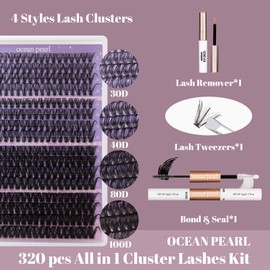 Ocean Pearl Cluster Lashes 320PCS Individual Eyelashes 30D+40D+80D+100D Eyelash Extensions Kit 12-20MM Lash Clusters DIY Lash Extension Kit Eyelash Clusters with Super Lash Bond+Seal+Remover+Tweezer-4